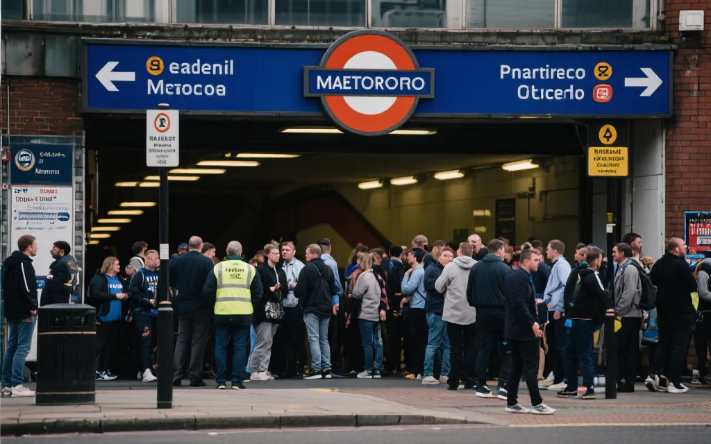 比赛日人群中的交通指引与地铁入口，强调动线与安全