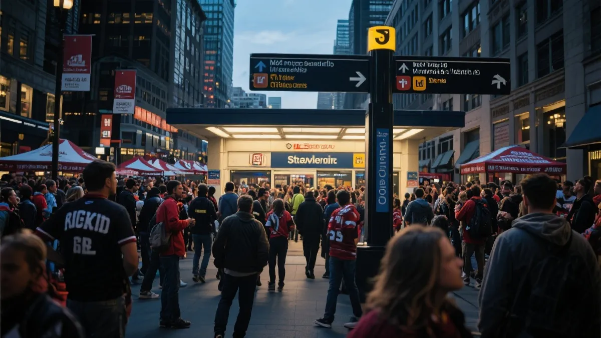 城市公共交通与球迷步行街的场景，体现赛事带来的旅游消费与城市运营