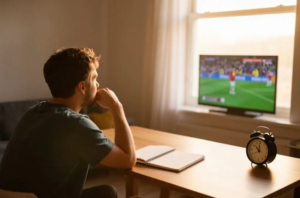 球迷清晨在窗边观看世界杯直播并记录赛程